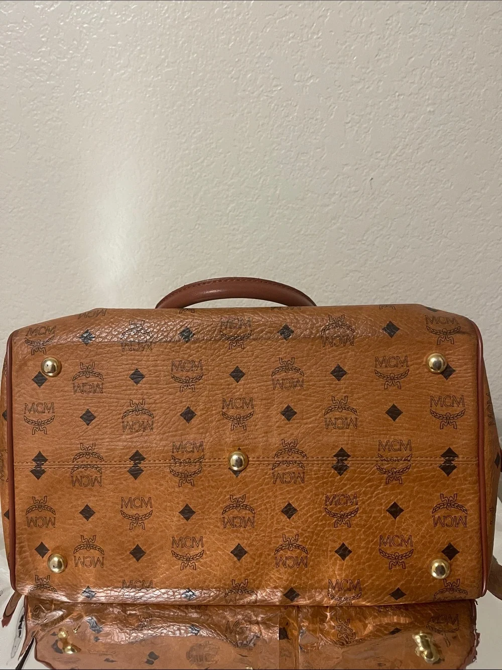 MCM Cognac Visetos Monogram Bag with Gold Hardware